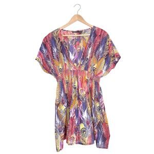 Fashion Fuse Multi Color Colorful Peacock Swim Cotton Cover Up Large Beachwear
